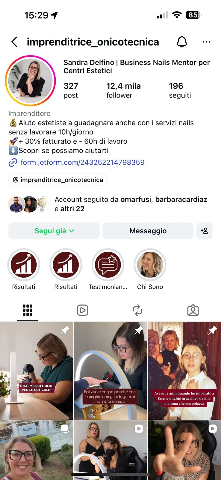 Profilo Instagram di @imprenditrice_onicotecnica: 12,4 mila follower e contenuti strategici