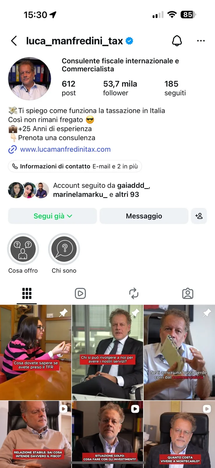 Profilo Instagram di @luca_manfredini_tax con decine di migliaia di follower